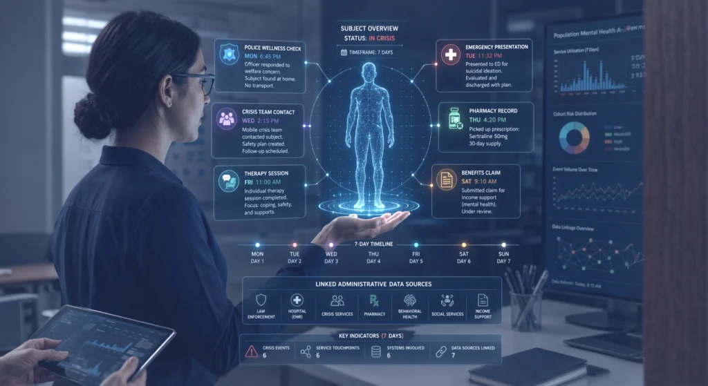 Source AI generated image created with Microsoft Copilot 2026. Conceptual illustration of linked administrative mental health data edited 1 1